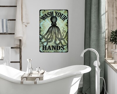 Octopus Wash Your Hands Bathroom Wall Decor Kitchen Art Antique Style Laundry Room Metal Sign Nautical Beach House Steampunk - image3